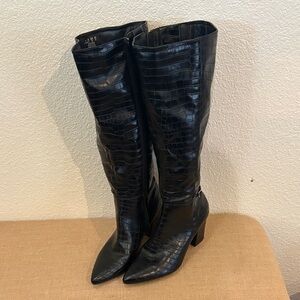 Black Croc-Embossed Knee-High Boots